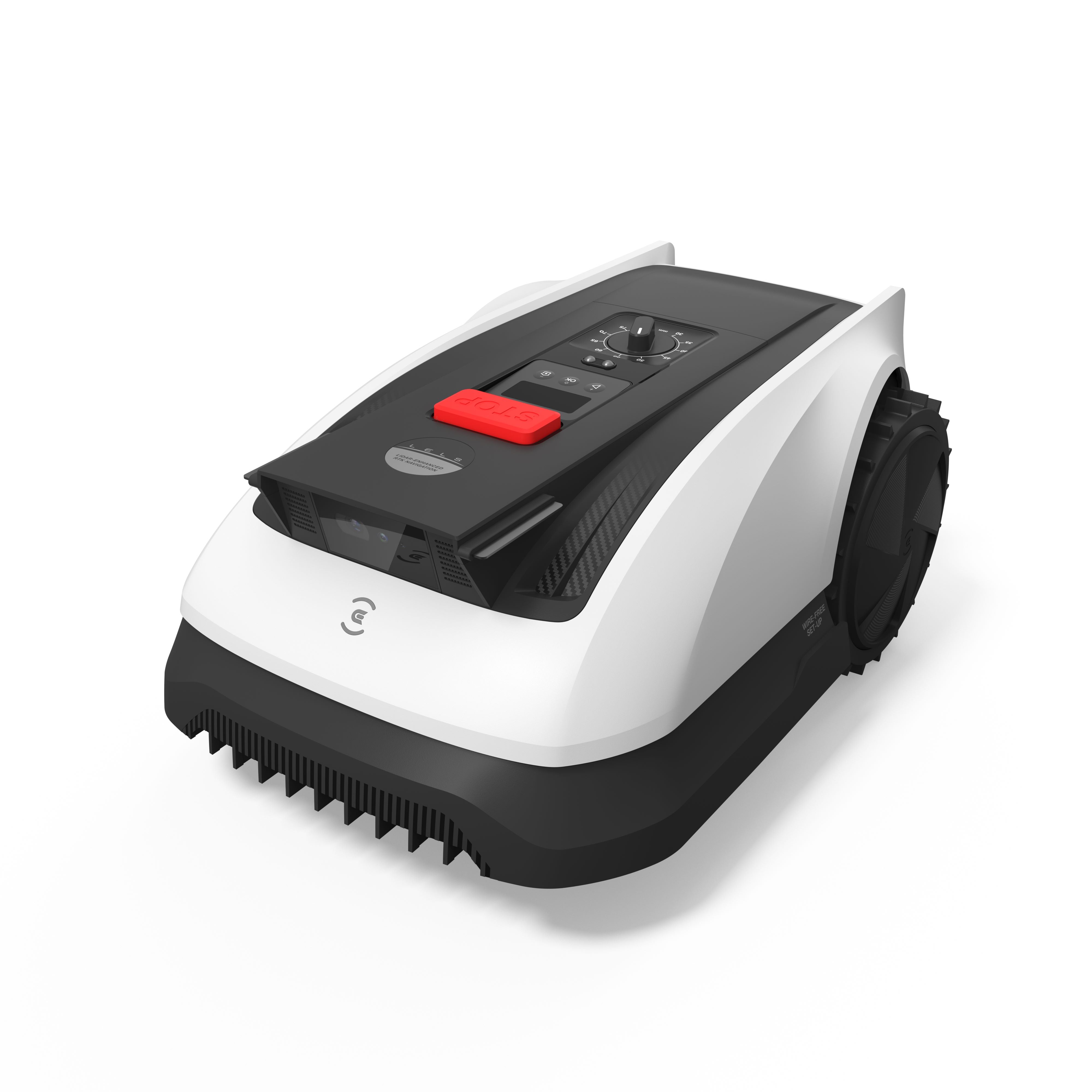 ECOVACS GOAT O800 RTK robotic lawn mower in white with black drive wheels, front three-quarter studio view
