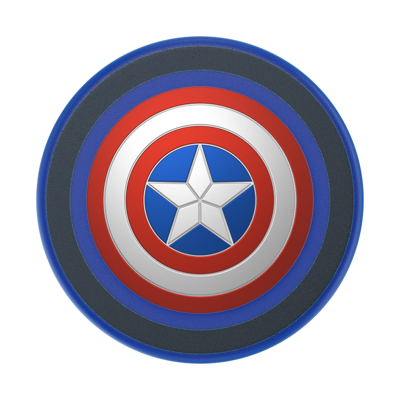 Close-up view of an Enamel Captain America PopGrip for MagSafe featuring the iconic shield design. The PopGrip is styled to resemble Captain America's shield, with concentric red, white, and blue circles, and a white star in the center. The circular emblem has a metallic finish, highlighting the different colors and elements of the design.