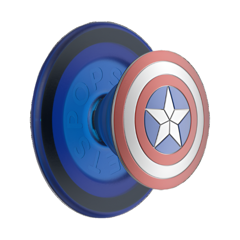 Close-up angled view of an Enamel Captain America PopGrip for MagSafe featuring the iconic shield design. The PopGrip is styled to resemble Captain America's shield, with concentric red, white, and blue circles, and a white star in the center. The base of the PopGrip is blue with the word "POPSOCKETS" embossed on it.