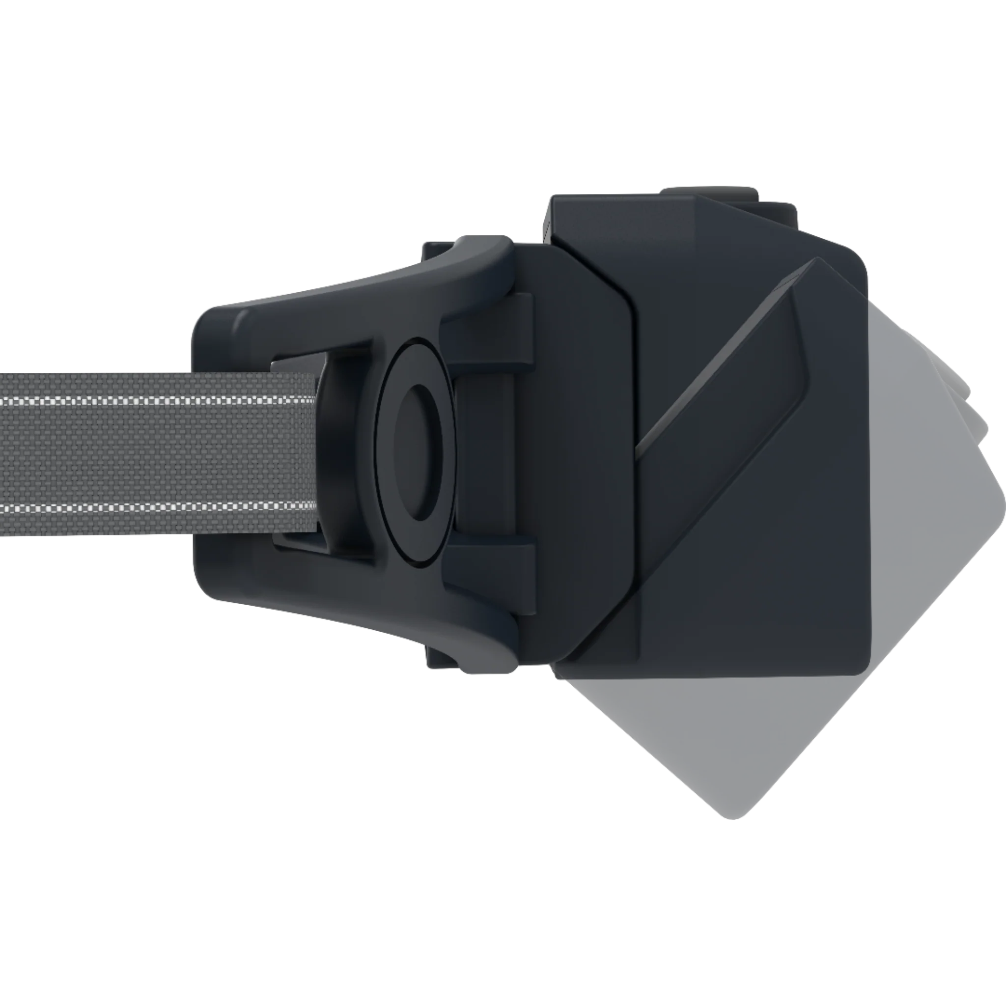 A close-up side view of a LED Lenser headlamp, showing the attachment point for the reflective headband and the adjustable tilting mechanism of the lamphead. The headlamp's housing is depicted in multiple positions, demonstrating its ability to tilt for customized light direction. The design highlights the headlamp's secure fit and versatility.