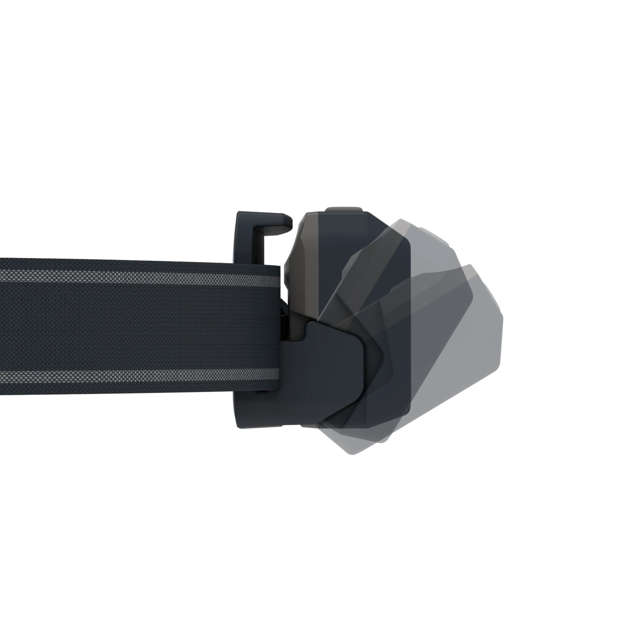 A side view of a LED Lenser headlamp, showing the adjustable tilting mechanism of the lamphead. The black headband has a reflective stripe and the lamphead is depicted in multiple positions, demonstrating its ability to tilt for individual adjustment of the light cone. The design highlights the headlamp's versatility and ease of use.