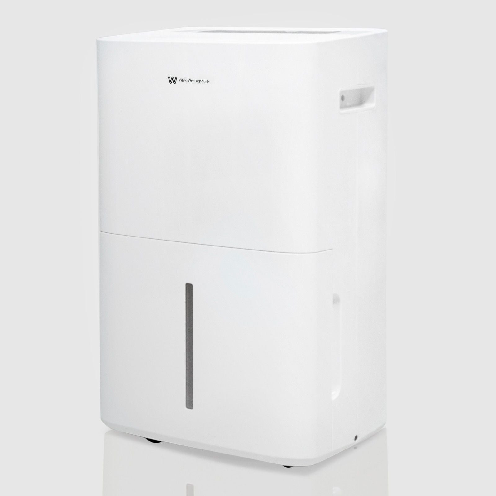 A white 30-liter dehumidifier with a minimalist design, featuring the White-Westinghouse logo at the top center of the front panel. The lower half includes a visible water level indicator on the removable water collection tank. The device has a side handle for easy carrying and is on small wheels for easy mobility.