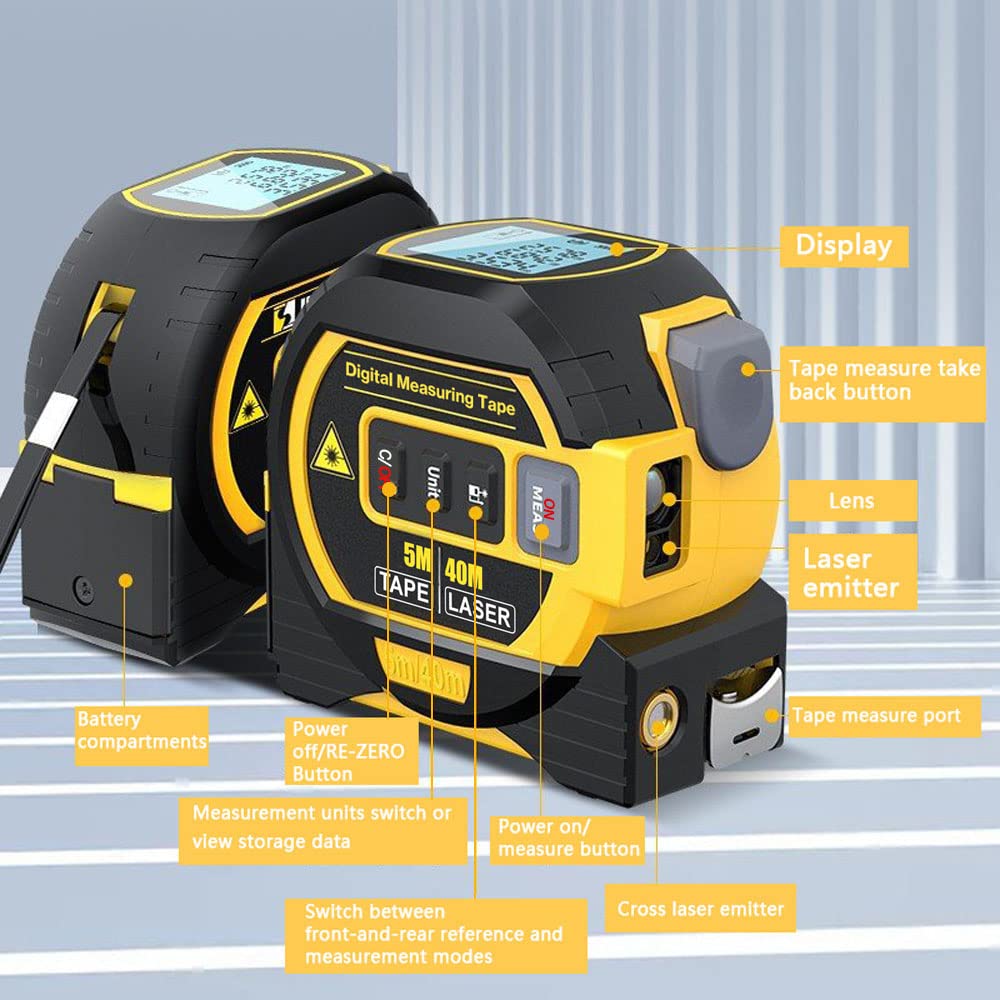 Two digital laser tape measures with yellow and black designs are shown. One device faces forward, highlighting its LCD screen, control buttons, and laser emitter. The second device shows the back and side views, including the tape measure take-back button, battery compartment, and measurement unit selection