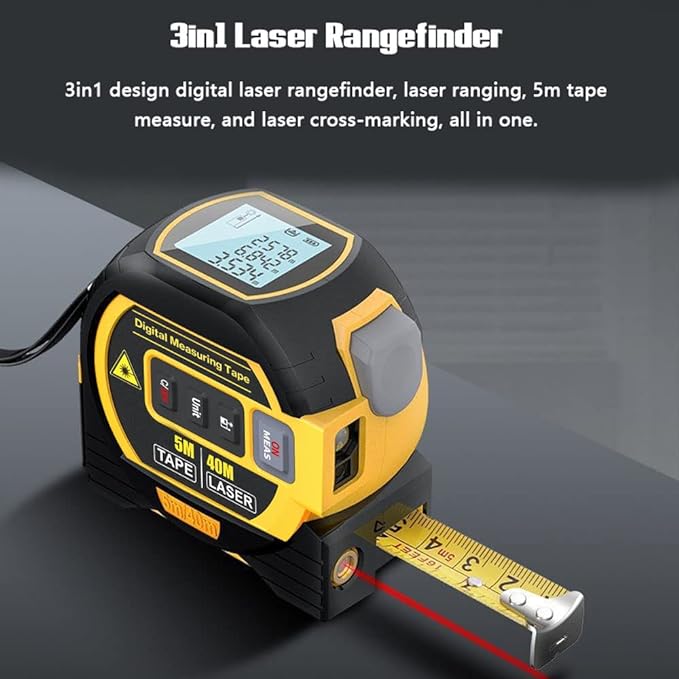 A digital laser tape measure with a yellow and black design, labeled as a "3in1 Laser Rangefinder," showcasing its functions: laser ranging, 5-meter tape measure, and laser cross-marking. The device features an LCD screen, control buttons, and a laser emitter. The tape measure is extended with a red laser line marking the measurement. The background is a dark surface, highlighting the device's compact and multifunctional design.