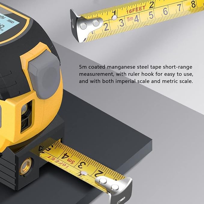 A close-up view of a digital laser tape measure with a yellow and black design. The tape measure is extended, showing both imperial and metric scales, with a ruler hook for easy use. The text beside the image highlights the 5-meter coated manganese steel tape, suitable for short-range measurements. The device is placed on a dark surface, and part of the LCD screen and control buttons are visible.