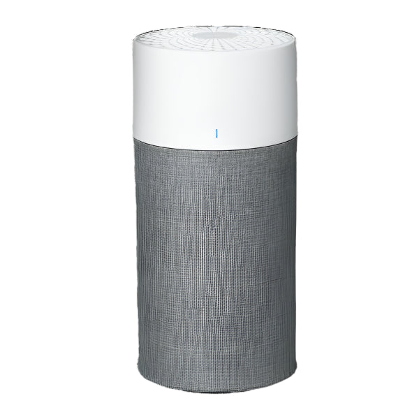 A modern cylindrical air purifier with a sleek design, featuring a white top section with a vented lid and a textured grey fabric-covered bottom. A small vertical blue indicator light is visible on the white section, adding a minimalist touch.