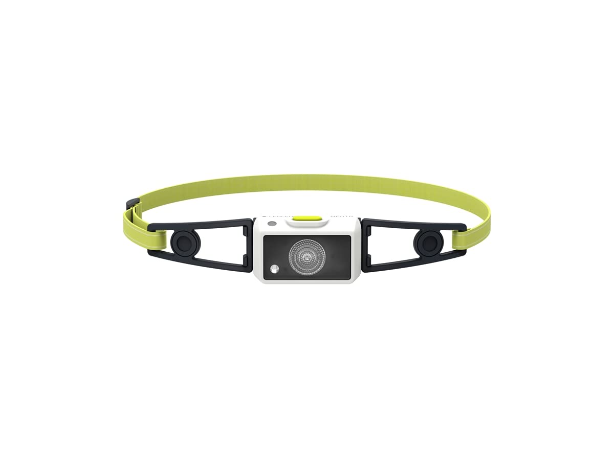 A compact LED headlamp with a white front housing and a yellow adjustable strap. The headlamp features a single lens for the LED light in the center, surrounded by a black frame. The strap has black adjustment clips for a secure fit. The headlamp has a minimalist design with a small button on top for operation.