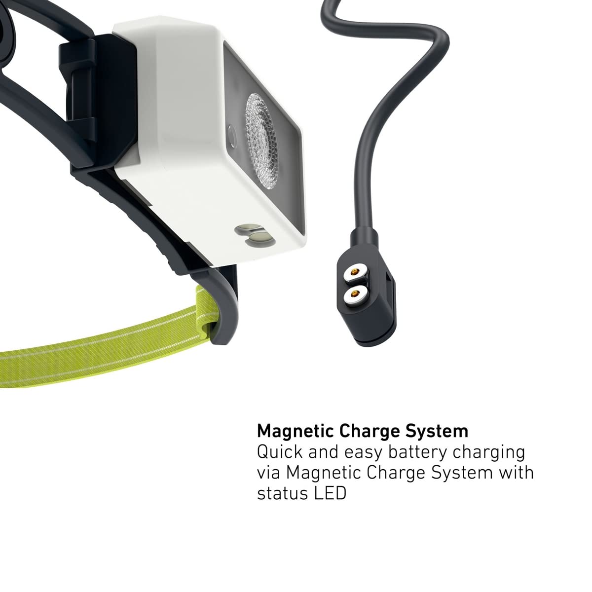 A close-up view of a compact LED headlamp with a white front housing and a yellow adjustable strap, highlighting its Magnetic Charge System. The magnetic charging cable is shown connected to the headlamp, with the text explaining "Magnetic Charge System: Quick and easy battery charging via Magnetic Charge System with status LED." The image focuses on the convenience and efficiency of the charging mechanism.