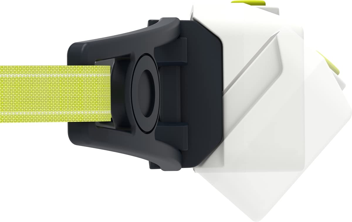 A close-up side view of the LED Lenser NEO1R headlamp, showing the attachment point for the yellow strap. The headlamp's white housing and black adjustment mechanism are visible, highlighting the secure and adjustable fit of the strap. The yellow strap is threaded through the black frame, designed for comfort and stability during use.