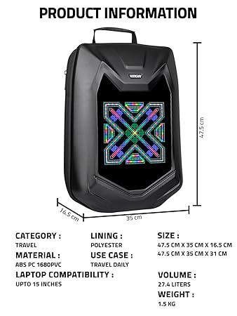 Hookaba Bat Grit LED Backpack – 27 L Smart Backpack with 64×64 Pixel Removable LED Screen