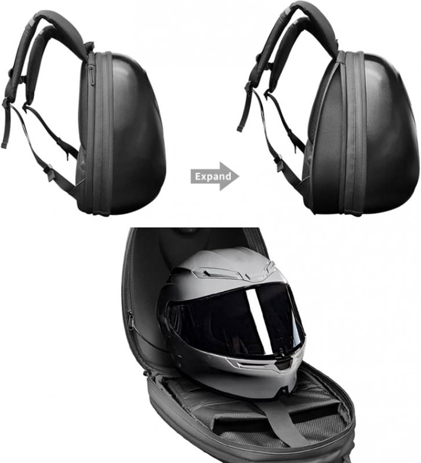 Black LED backpack shown in two views, illustrating its expandability feature. The bottom image displays the open backpack with a motorcycle helmet stored inside, highlighting its spacious interior and ability to securely hold large items