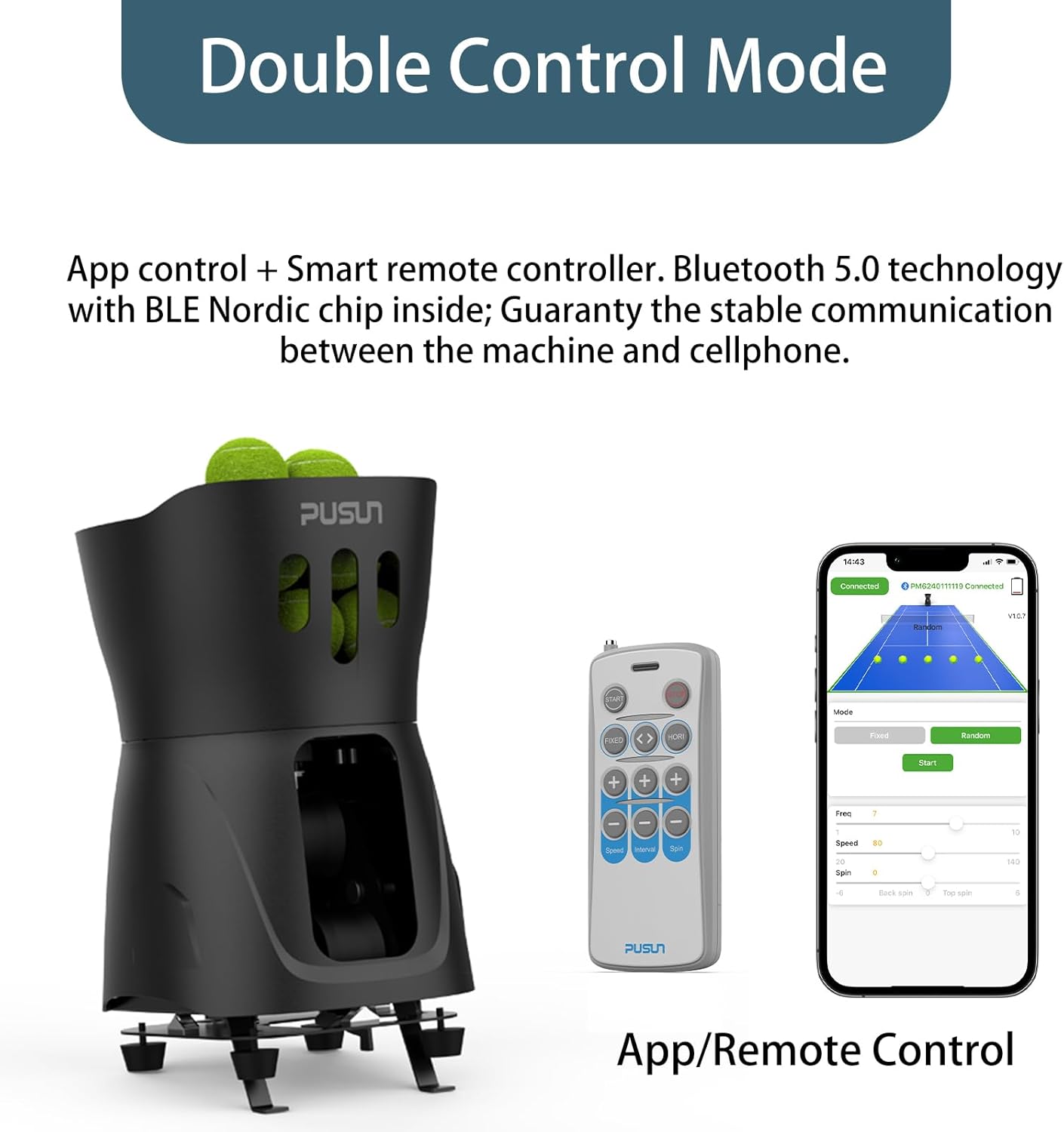 The image highlights a "Double Control Mode" for the tennis ball machine, featuring app control and a smart remote controller with Bluetooth 5.0 and a BLE Nordic chip for stable communication between the machine and a cellphone.