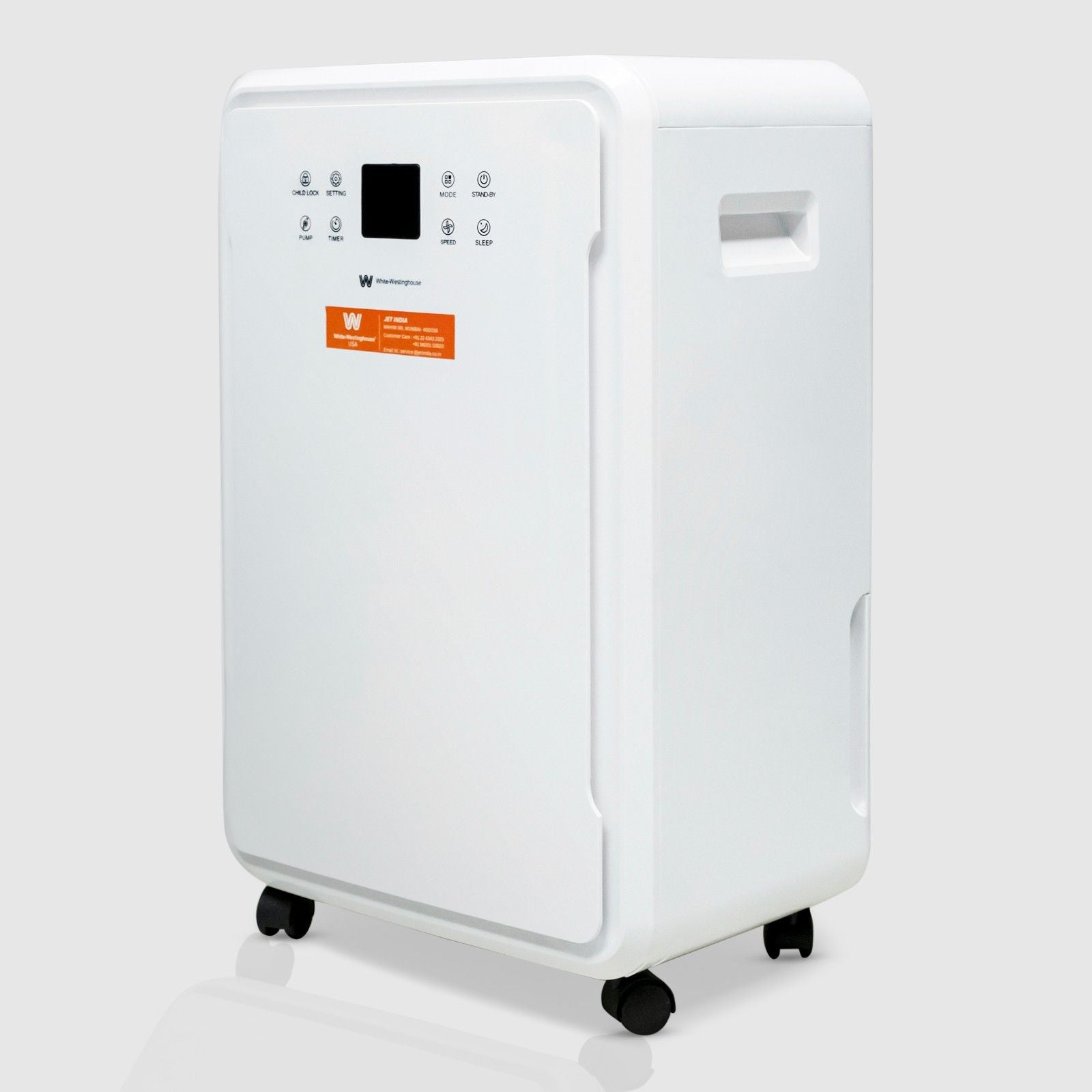 A white 70-liter dehumidifier with a simple, rectangular design on wheels for easy mobility. The front panel features control icons and a small display screen at the top, the White-Westinghouse logo below it, and an orange information label towards the bottom. The side view shows built-in handles for easy carrying.