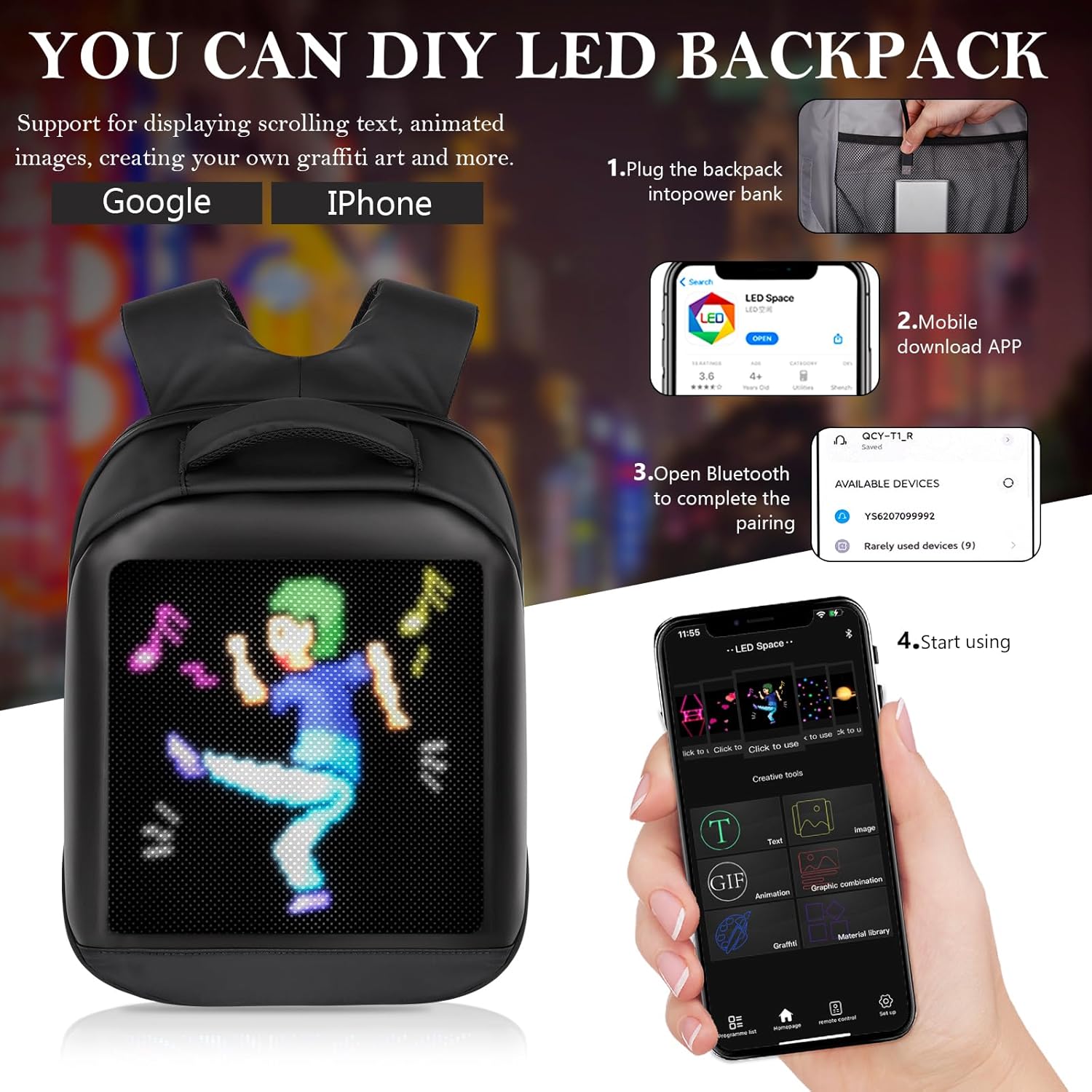 Advertisement for a DIY LED backpack. The image shows a black LED backpack displaying a pixelated character dancing, and a smartphone with an app interface used to control the LED display. Instructions are provided: Plug the backpack into a power bank. Download the mobile app (available for Google and iPhone). Open Bluetooth to complete the pairing. Start using the app to display scrolling text, animated images, and create custom graffiti art.
