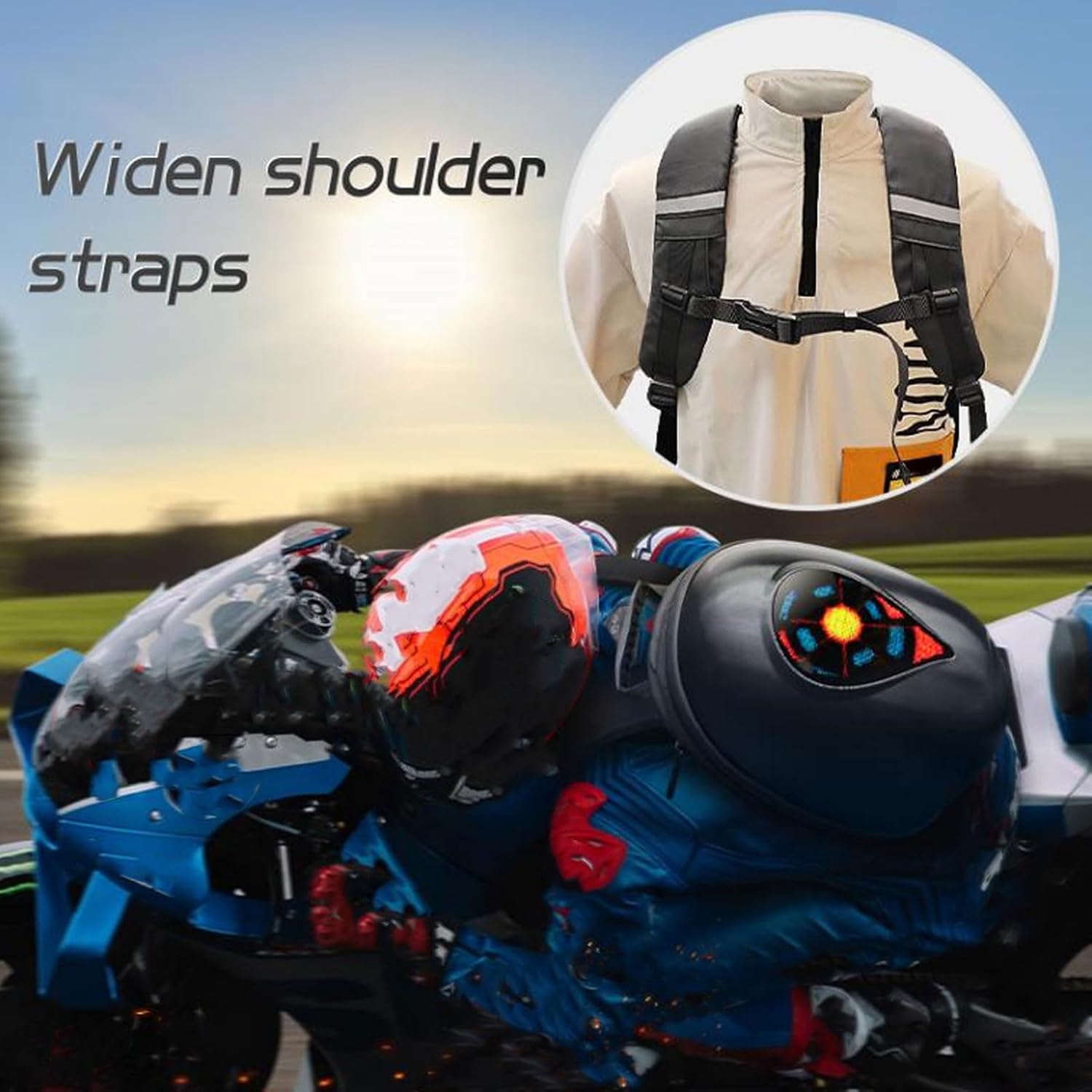 The backpack features a distinctive eye-like LED design with multiple colors, enhancing visibility and adding a futuristic look.