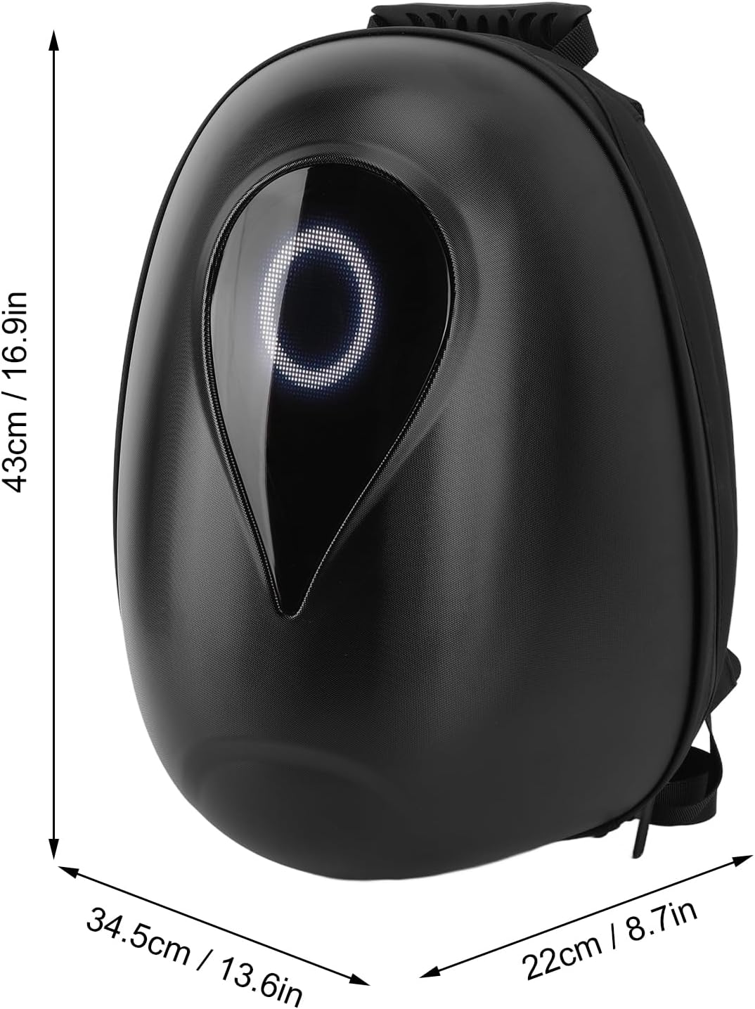 Black LED backpack with a sleek, rounded design, featuring a prominent eye-like LED light on the front. The backpack dimensions are shown: 43 cm (16.9 inches) in height, 34.5 cm (13.6 inches) in width, and 22 cm (8.7 inches) in depth