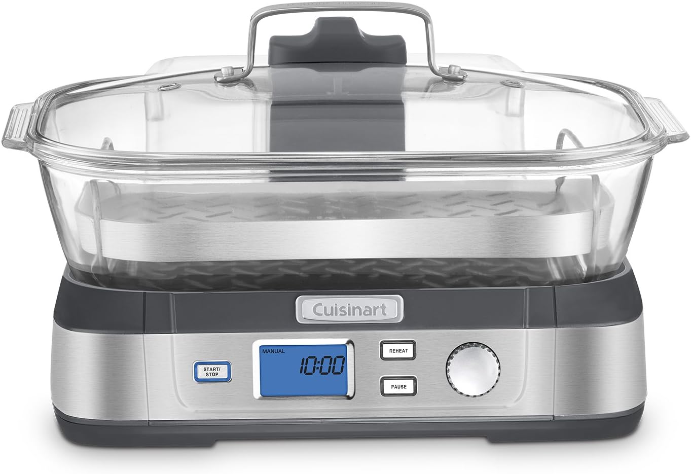 Front view of the Cuisinart STM-1000 steamer showing the LCD control panel with start/stop, reheat and pause buttons and selector dial