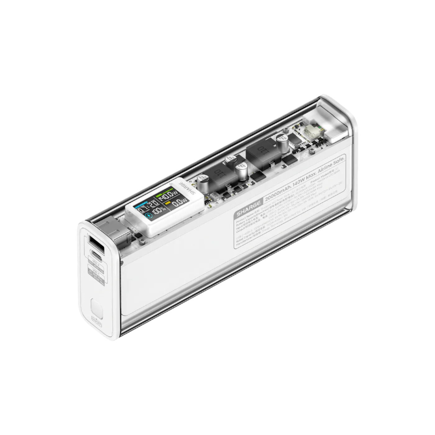 A transparent SHARGE power bank displaying its internal electronic components and a digital screen showing real-time charging data. The power bank has a 10,000mAh capacity, labeled as airline-safe, with a sleek, modern design and a USB-C port for fast charging and data transfer.