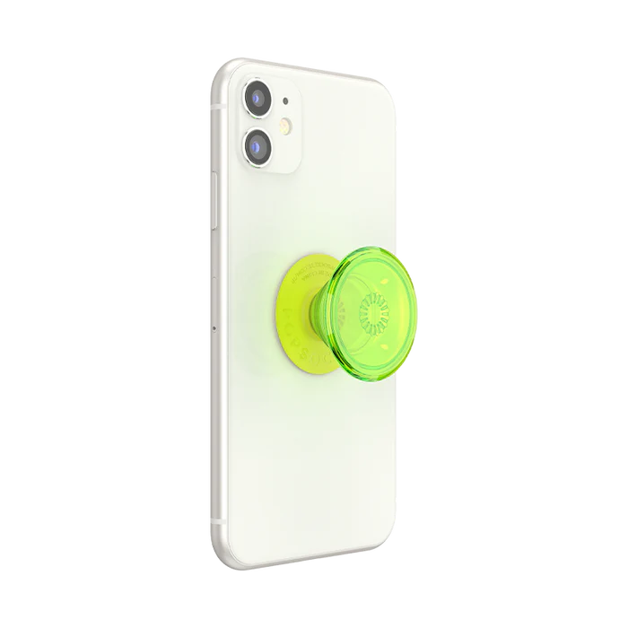 A white smartphone with a PopSockets PopGrip in the Neon Glow design attached to the back. The PopGrip features a bright, translucent neon green top and a matching neon green base. The vibrant color stands out against the white background of the phone, providing both a functional grip and an eye-catching accessory.