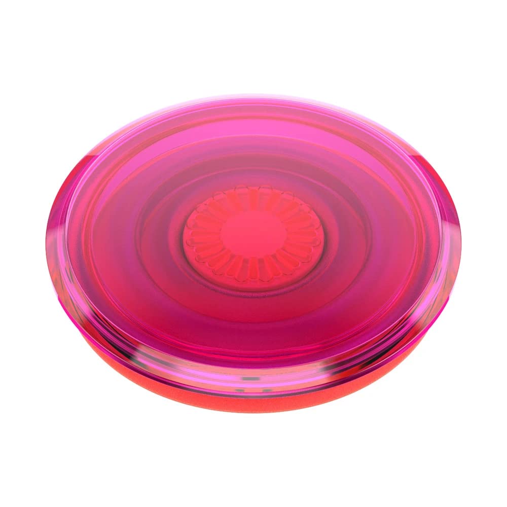 A side view of a PopSockets PopGrip in the Electric Sunrise design, showcasing the vibrant pink and orange colors. The translucent pink top sits above an orange base, with the central orange section featuring a radial design. The combination of colors creates a dynamic and eye-catching look.