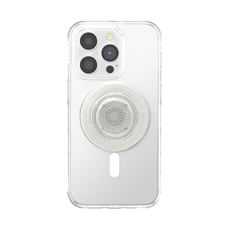 A smartphone with a clear case is shown with a PopSockets Clear Glitter PopGrip for MagSafe attached to its back. The PopGrip features a round, flat surface with a clear, glittery finish, positioned centrally on the phone's back. The phone's camera lenses are visible at the top, highlighting the PopGrip's sparkling and stylish design, which complements the phone's aesthetics while providing a functional grip.
