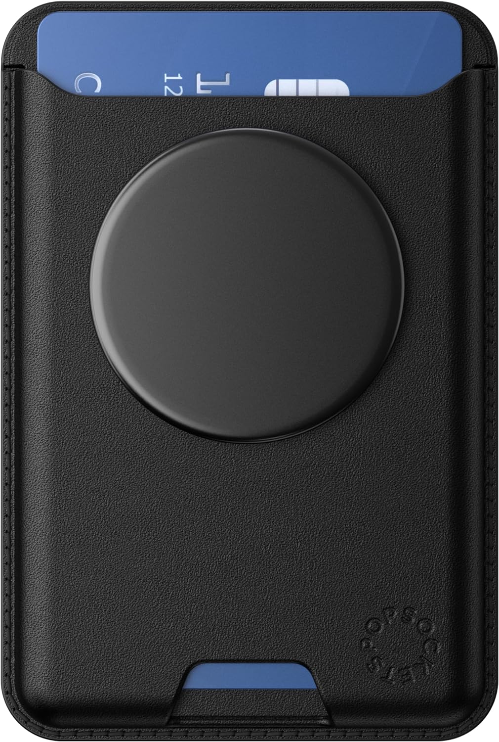 A close-up view of the black PopSockets Softgoods Phone Wallet with an expanding grip and adapter ring for MagSafe, holding a blue card. The expanding grip is in its retracted position, and the texture and stitching details of the wallet material are clearly visible