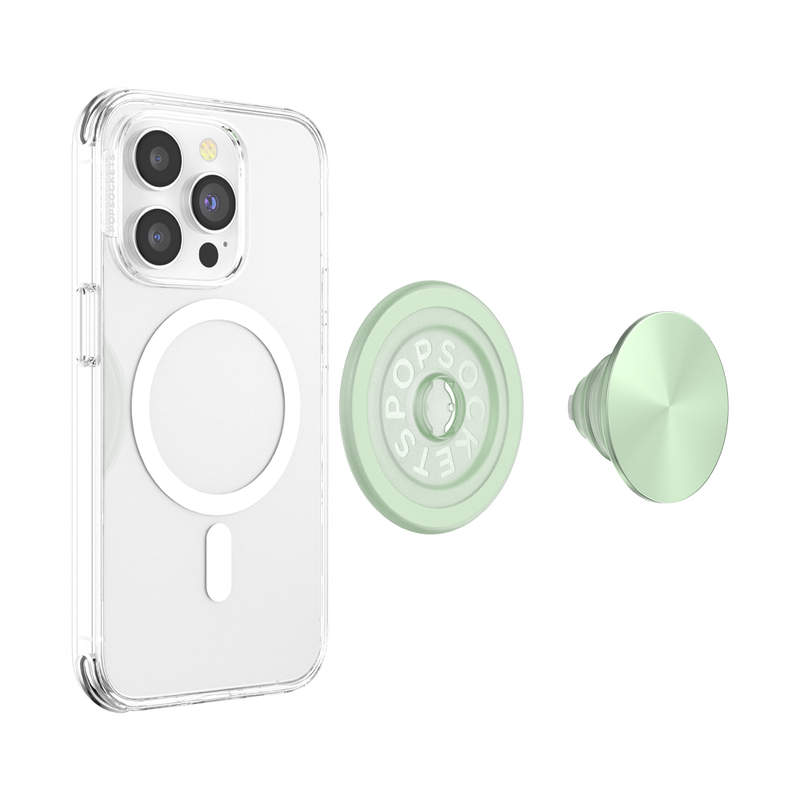 A smartphone with a clear case is shown with a French Navy PopGrip for MagSafe in honey dew color attached to its back. The PopGrip is extended, showcasing its functional grip, with a glossy, slightly reflective soft green surface. The phone's camera lenses are visible at the top, highlighting the PopGrip's sleek and modern design, which complements the phone's aesthetics while providing a practical grip for easier handling.