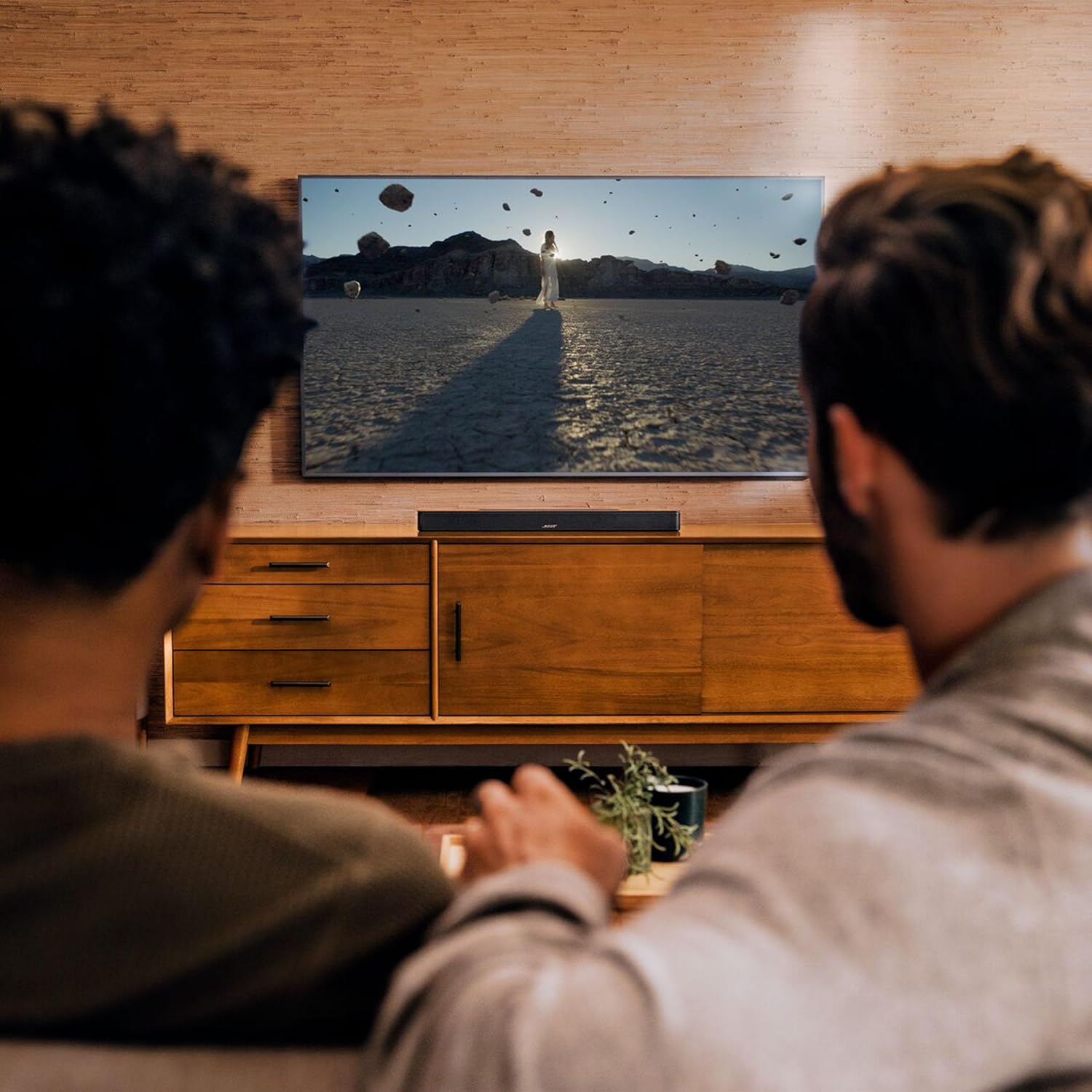 Two people sitting in front of a television watching a desert scene.