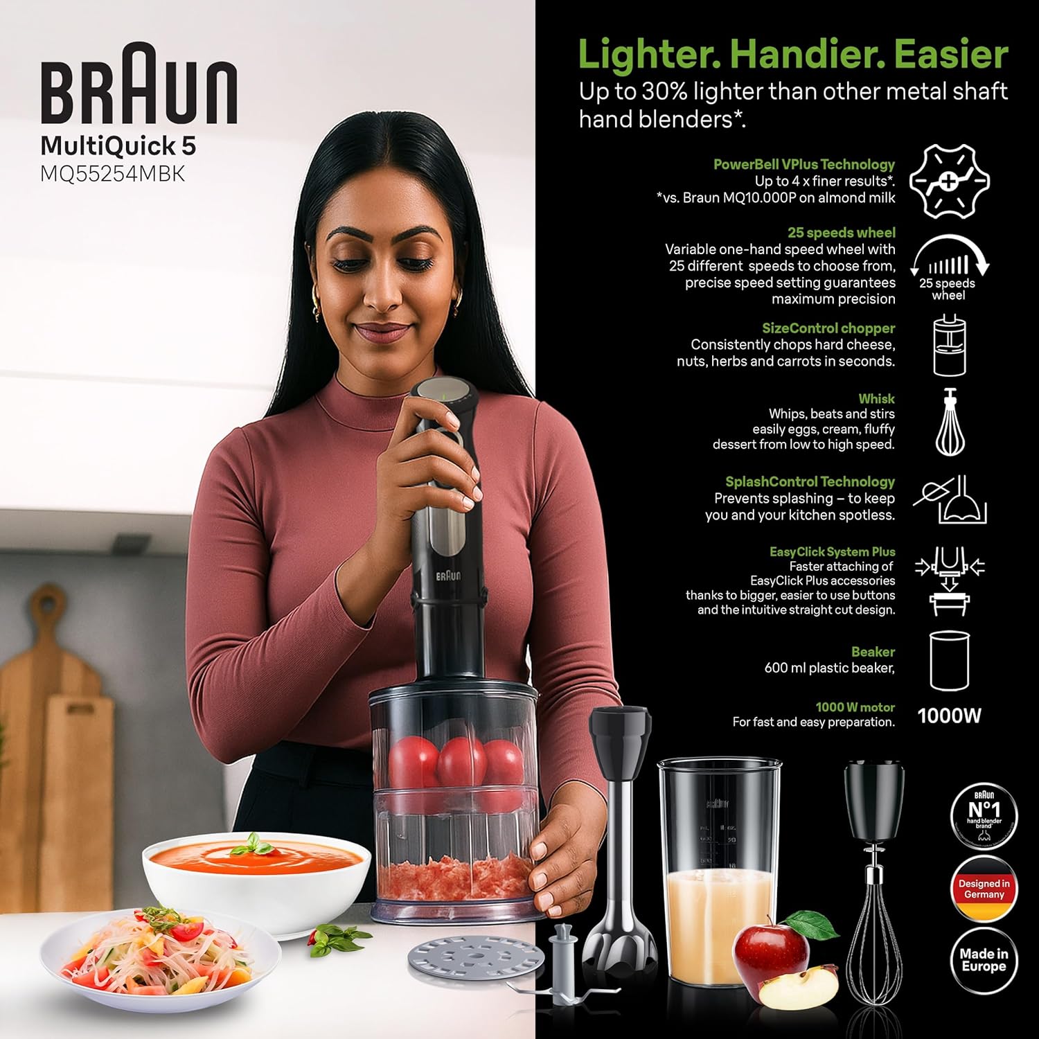 Braun MultiQuick 5 Pro Hand Blender 1000W with Beaker, 500ml Chopper, Whisk