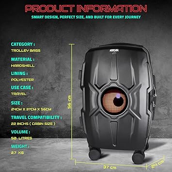 Hookaba Bold Gaze LED Trolley – 22″ Cabin-Size 50 L Smart Luggage with 32×32 Pixel Removable LED Display