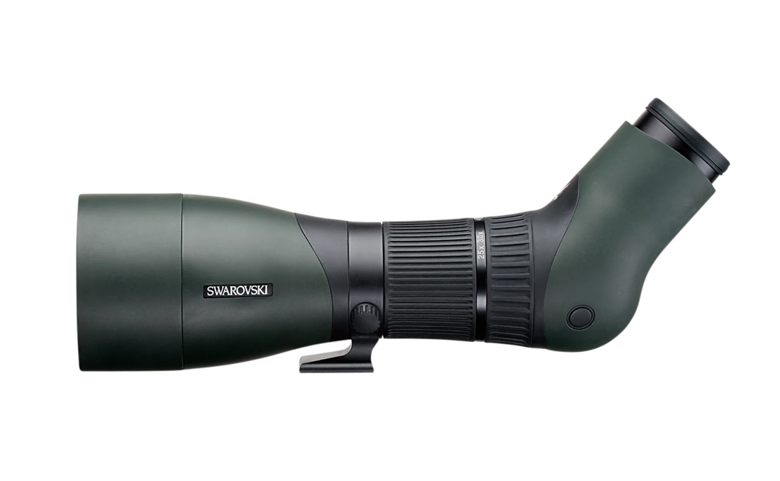 A side profile of a Swarovski Optik spotting scope, showcasing its robust green and black body design with a sleek angled eyepiece and signature logo branding.
