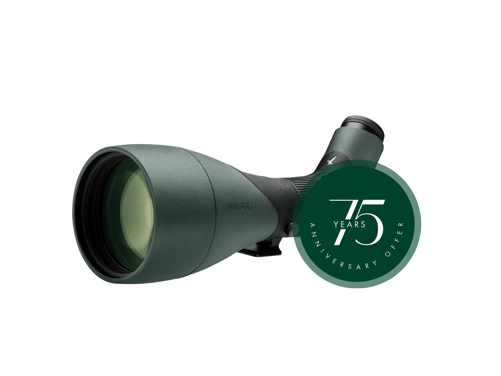 An angled view of a Swarovski Optik spotting scope featuring a green lens and sleek green and black body, with a "75 Years Anniversary Offer" badge overlayed in the lower right corner.