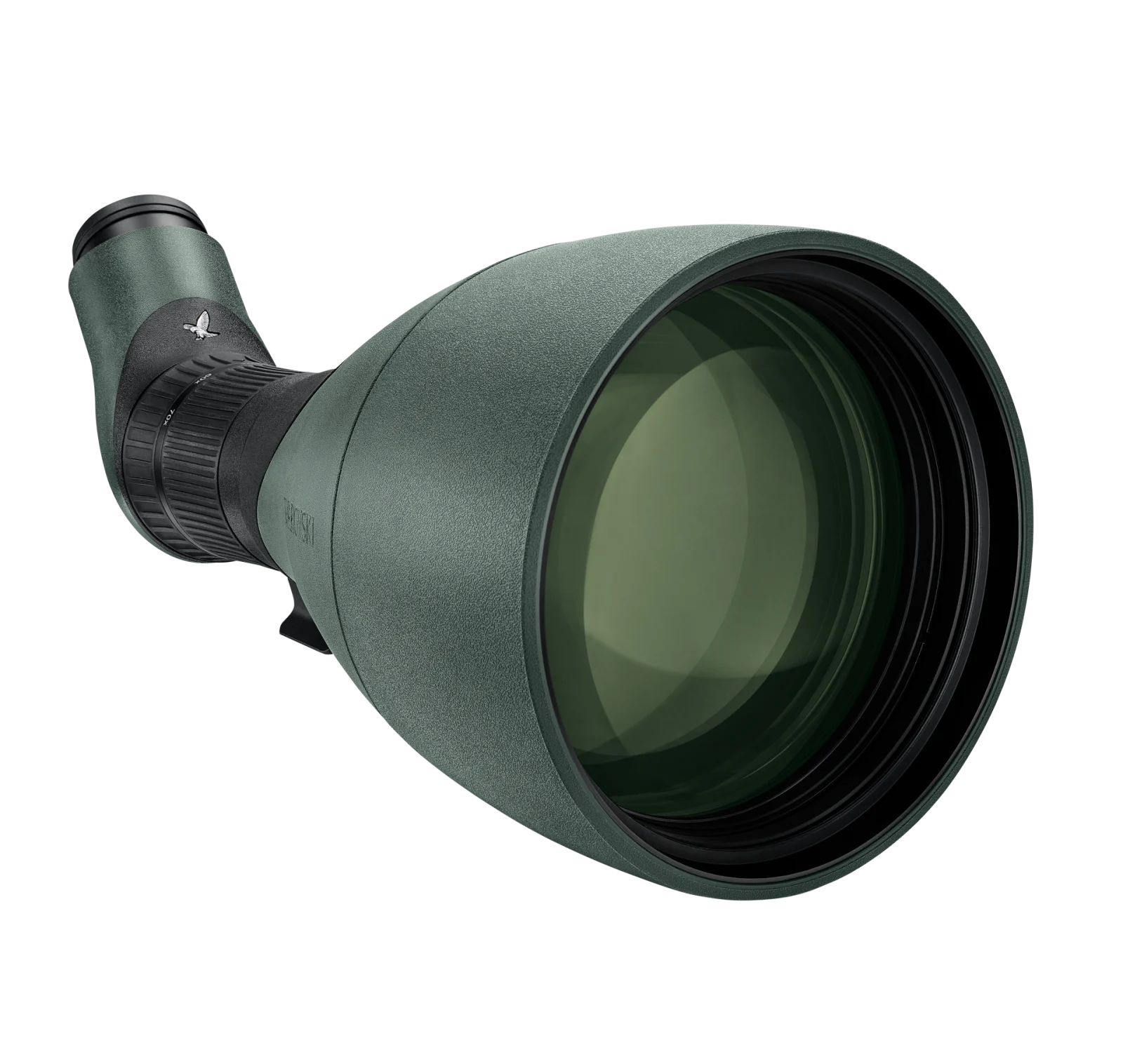 A close-up angled view of a Swarovski Optik spotting scope, highlighting its large green lens and textured green and black body design.