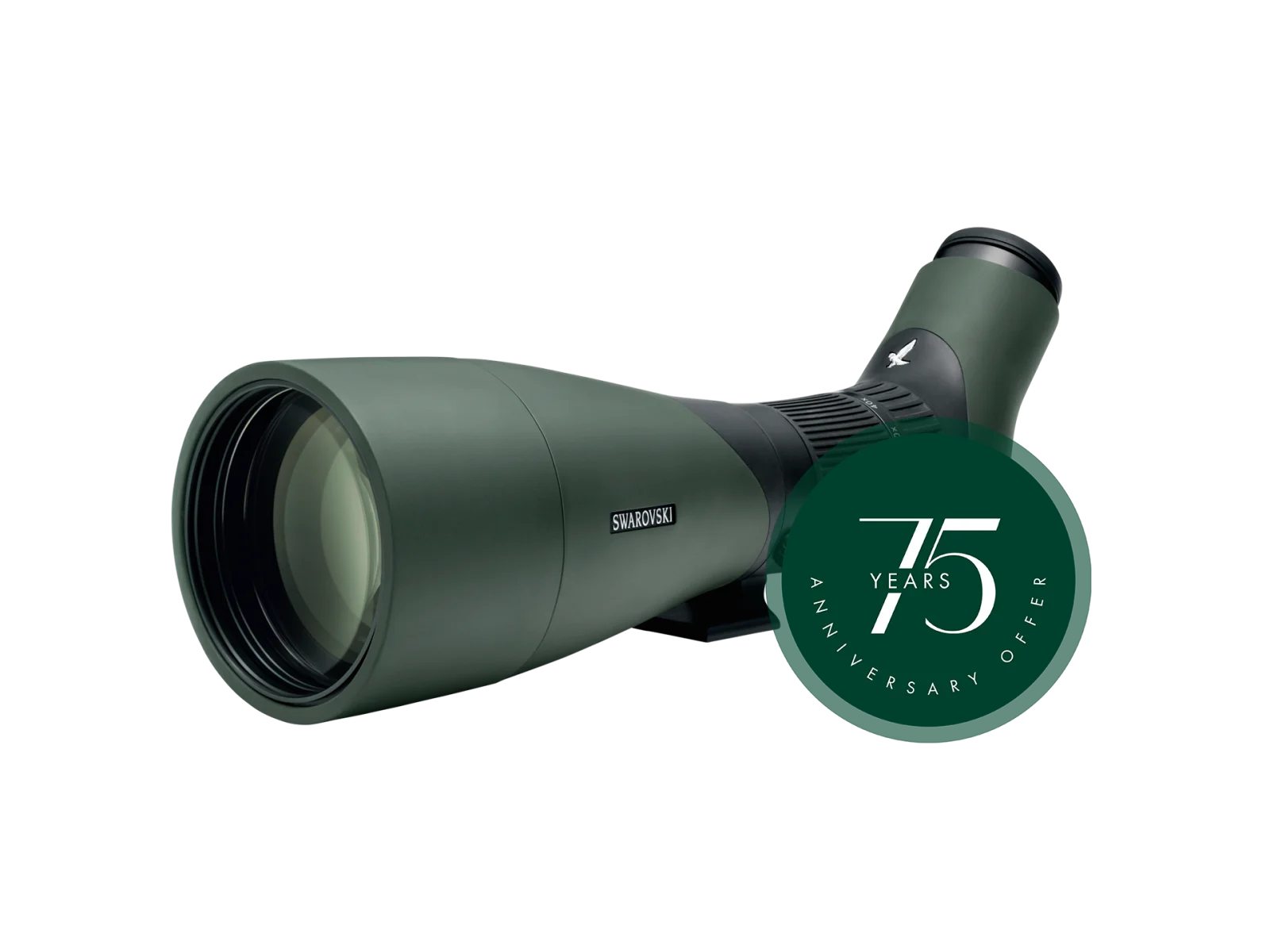 A three-quarter view of a Swarovski Optik spotting scope, featuring its sleek green and black body with a "75 Years Anniversary Offer" badge prominently displayed in the corner.