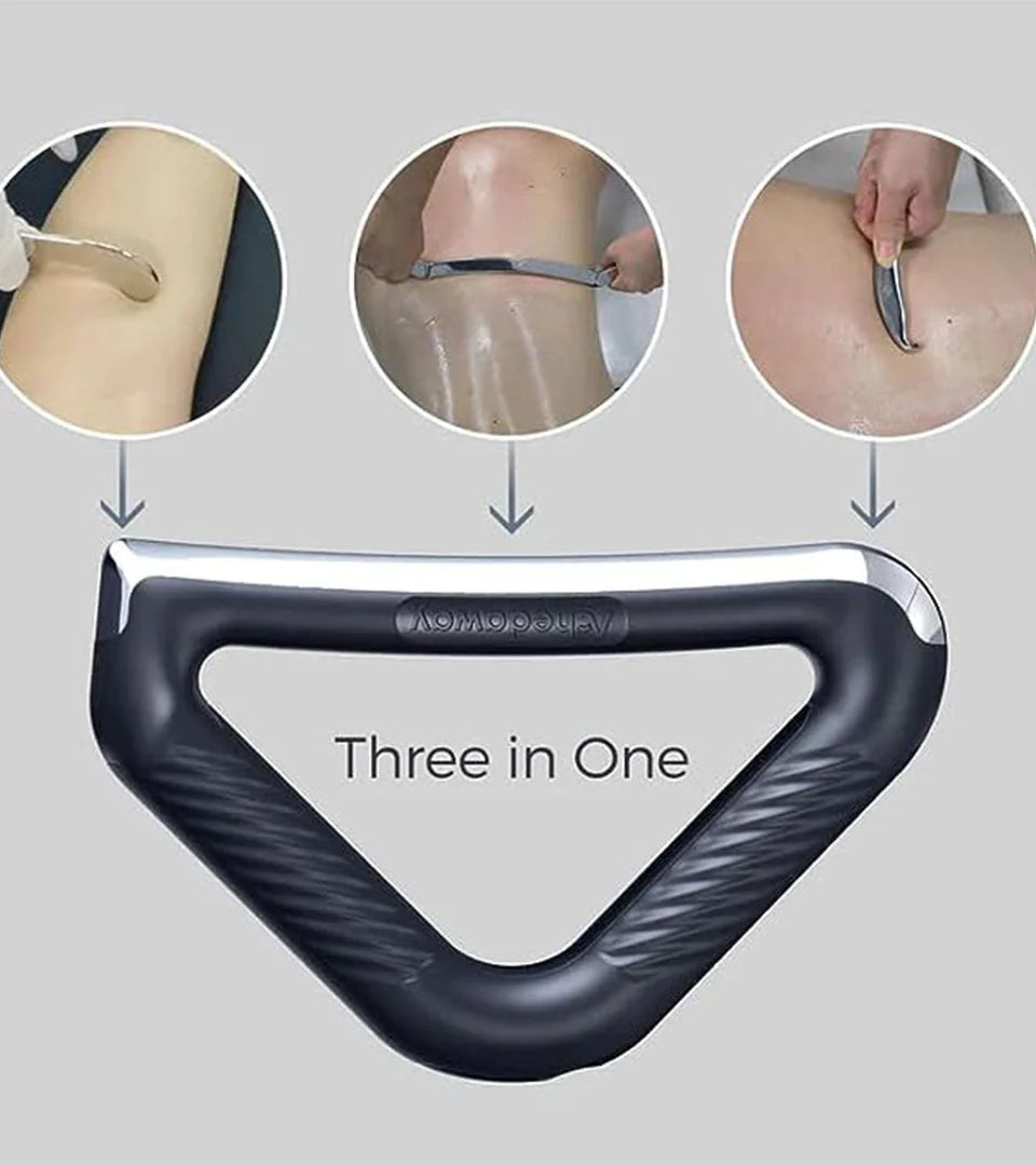 A versatile "Three in One" massage tool with a triangular ergonomic design featuring textured grips and metallic edges. The image demonstrates its multiple uses, including muscle scraping, body massage, and relaxation therapy, making it ideal for targeting different areas of the body for effective pain relief and muscle recovery.