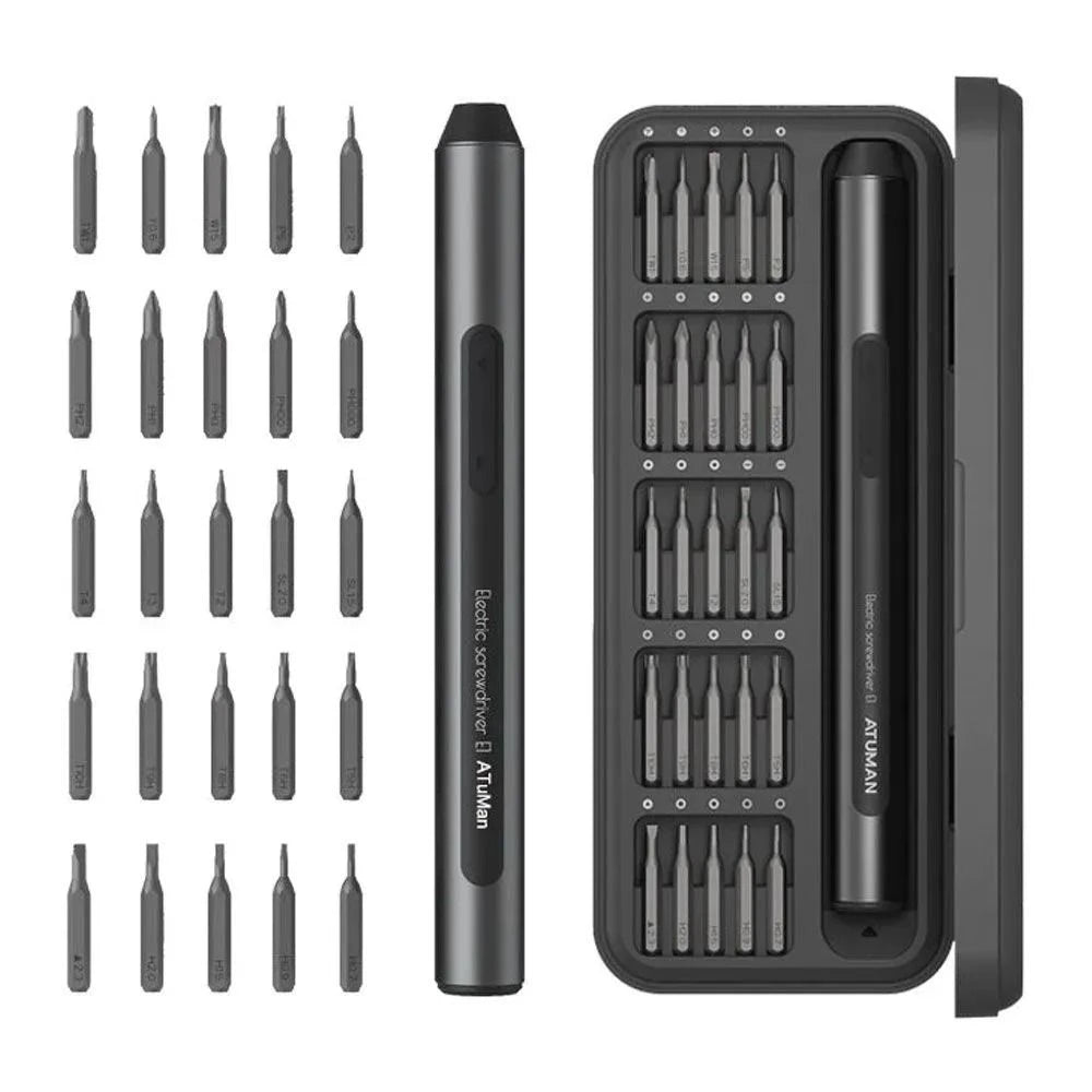A comprehensive set of precision screwdriver bits and an electric screwdriver are displayed. The set includes a pen-shaped electric screwdriver branded with "ATuMan" and 25 different bits organized neatly inside a black case with a lid. The bits are also shown separately on the left side, demonstrating the variety of types included. The design is sleek and modern, suitable for precision tasks.
