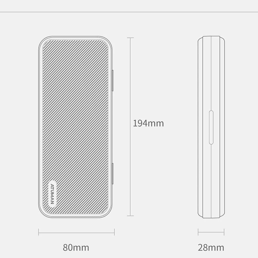 A technical drawing of a rectangular device, showing both front and side views. The device measures 194mm in height, 80mm in width, and 28mm in depth. The front view features a textured pattern, and the side view shows a button or port on the side.
