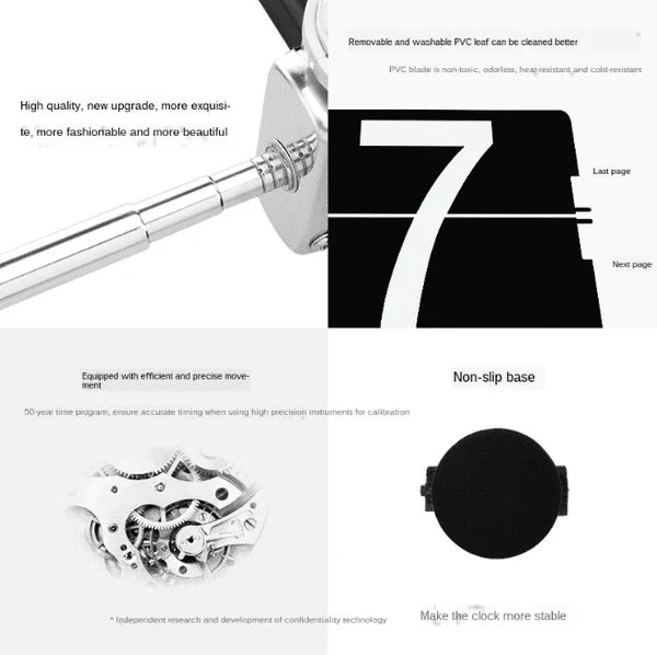 A collage showcasing various features of a vintage-style flip clock. The top left image highlights the clock's high-quality, upgraded design with a close-up of the chrome stand. The top right image shows the removable and washable PVC flip card, emphasizing easy maintenance.