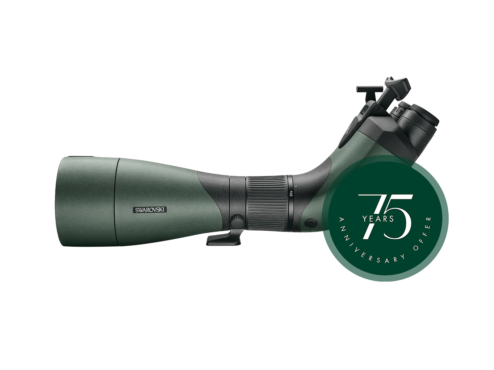 A side view of a Swarovski Optik spotting scope, displaying its sleek green and black design with the "75 Years Anniversary Offer" badge overlayed on the lower right corner.