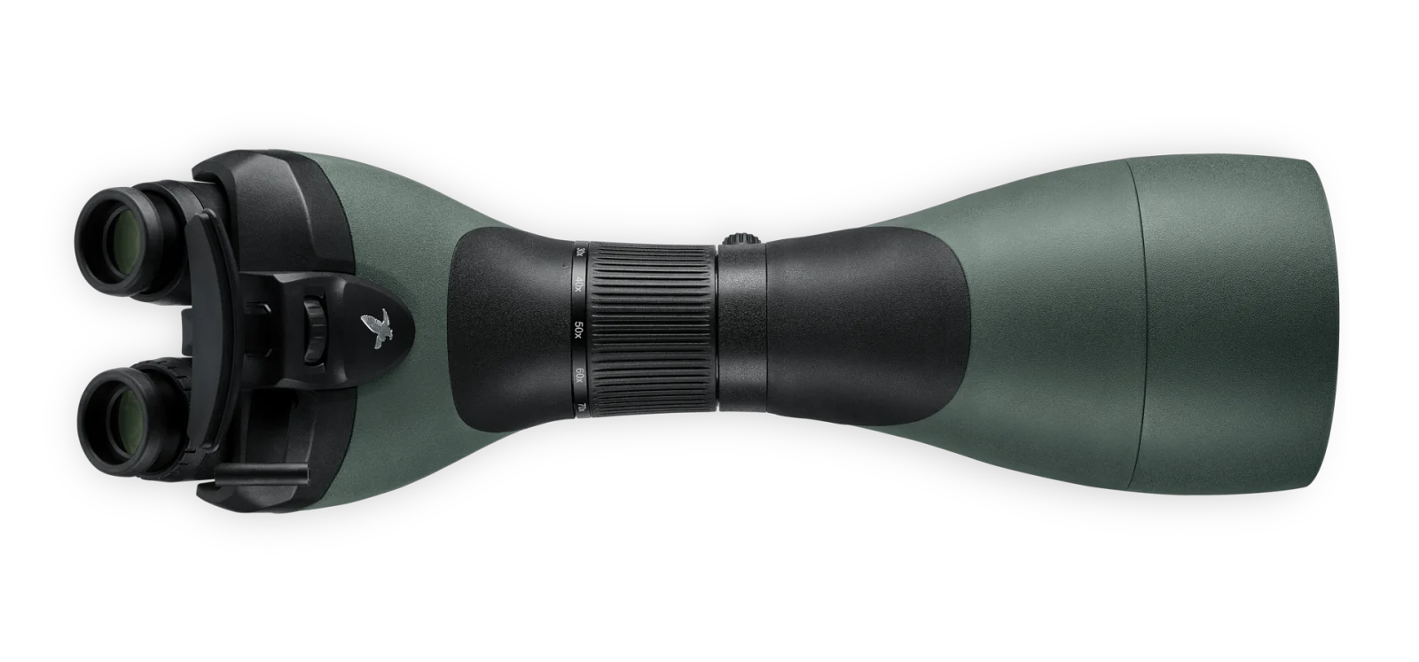 A top-down view of a Swarovski Optik spotting scope, showcasing its dual eyepieces, textured focus ring for precise adjustments, and the iconic green and black ergonomic design.