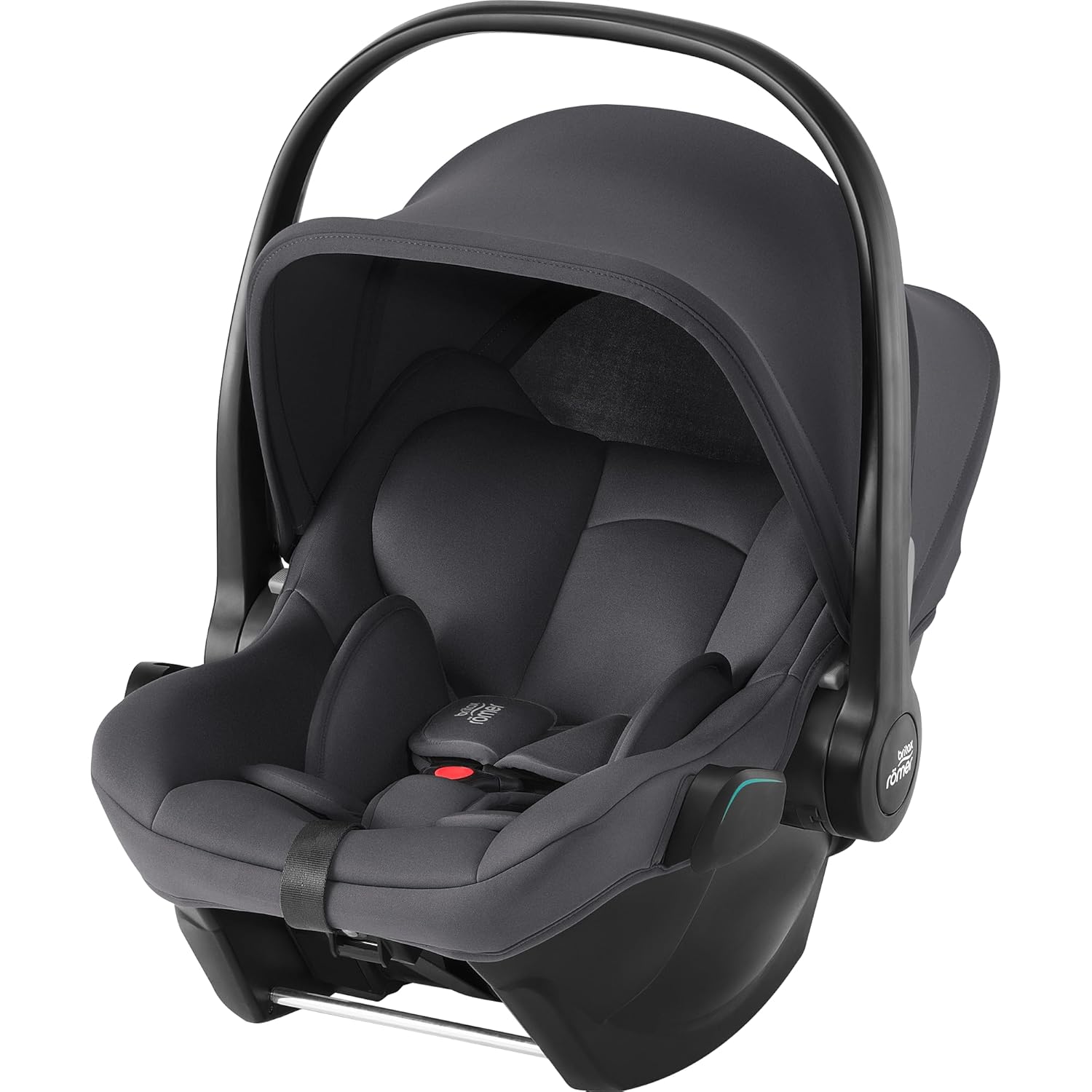 Angled front view of Britax Römer black infant car seat with cushioned interior, extended canopy, and ergonomic carry handle, designed for secure and comfortable newborn transport.