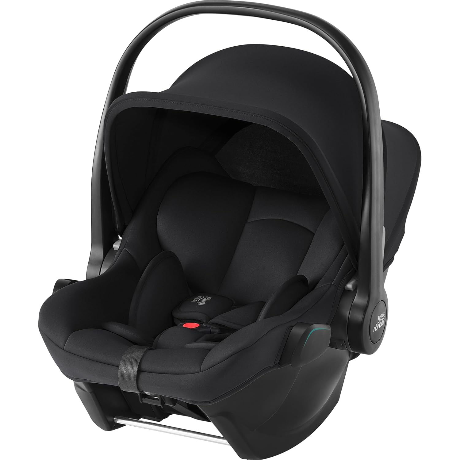 Angled front view of Britax Römer black infant carrier with soft padded interior, adjustable harness, and large canopy, designed for safe and comfortable newborn transport.