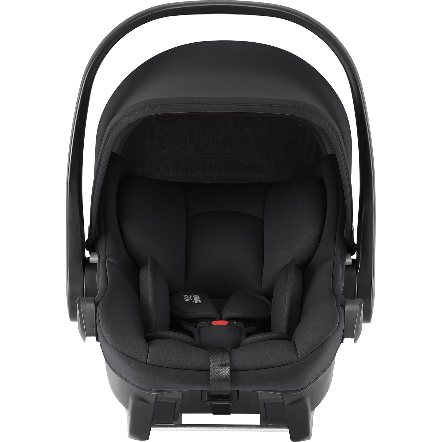 Front view of Britax Römer black infant carrier with cushioned interior, adjustable harness, and extended canopy, offering secure and cozy seating for newborns.