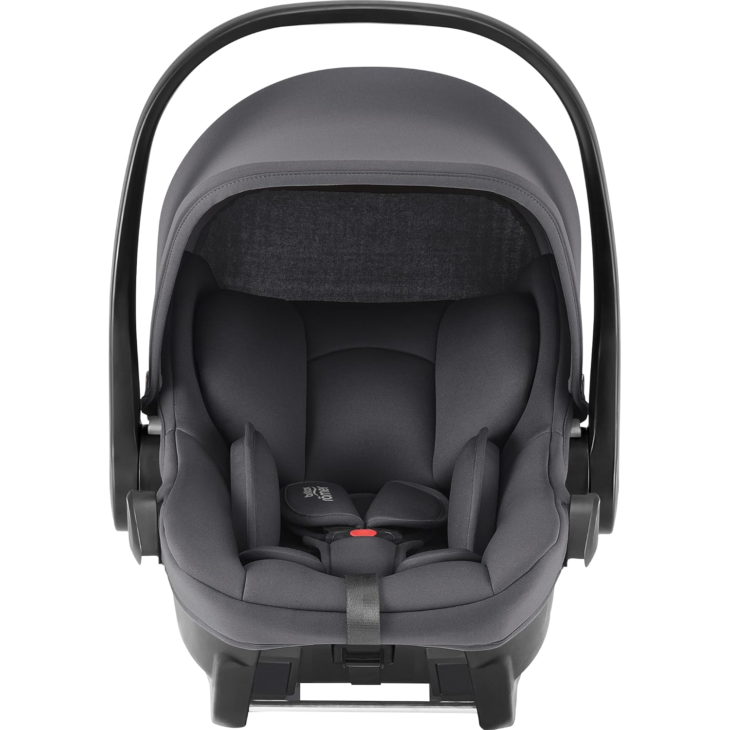 Front view of Britax Römer black infant car seat with extended canopy and adjustable harness, featuring soft padded inserts for newborn comfort and support.