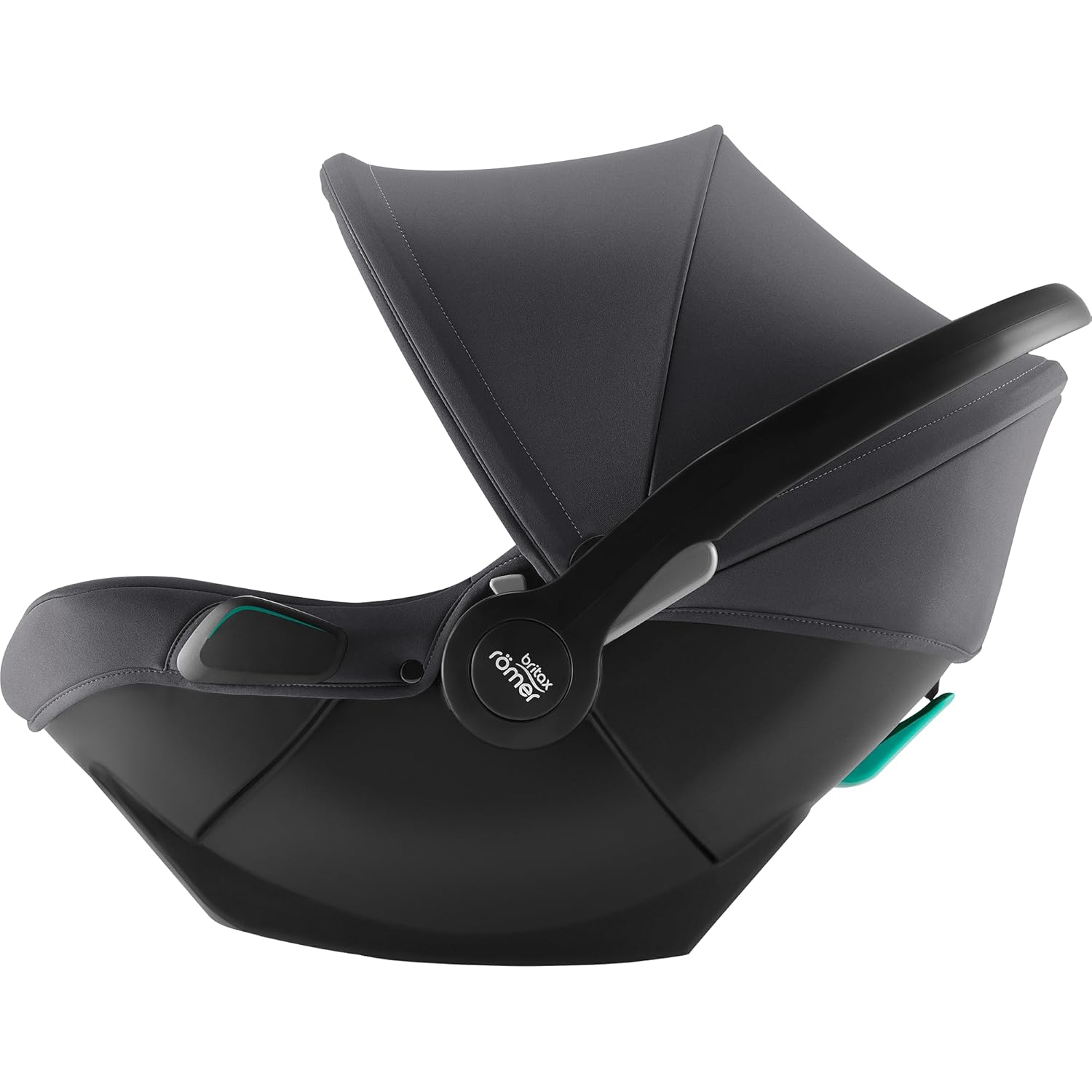 Side view of Britax Römer black infant car seat with lowered carry handle and extended canopy, showcasing its sleek design and comfortable enclosure for newborns.