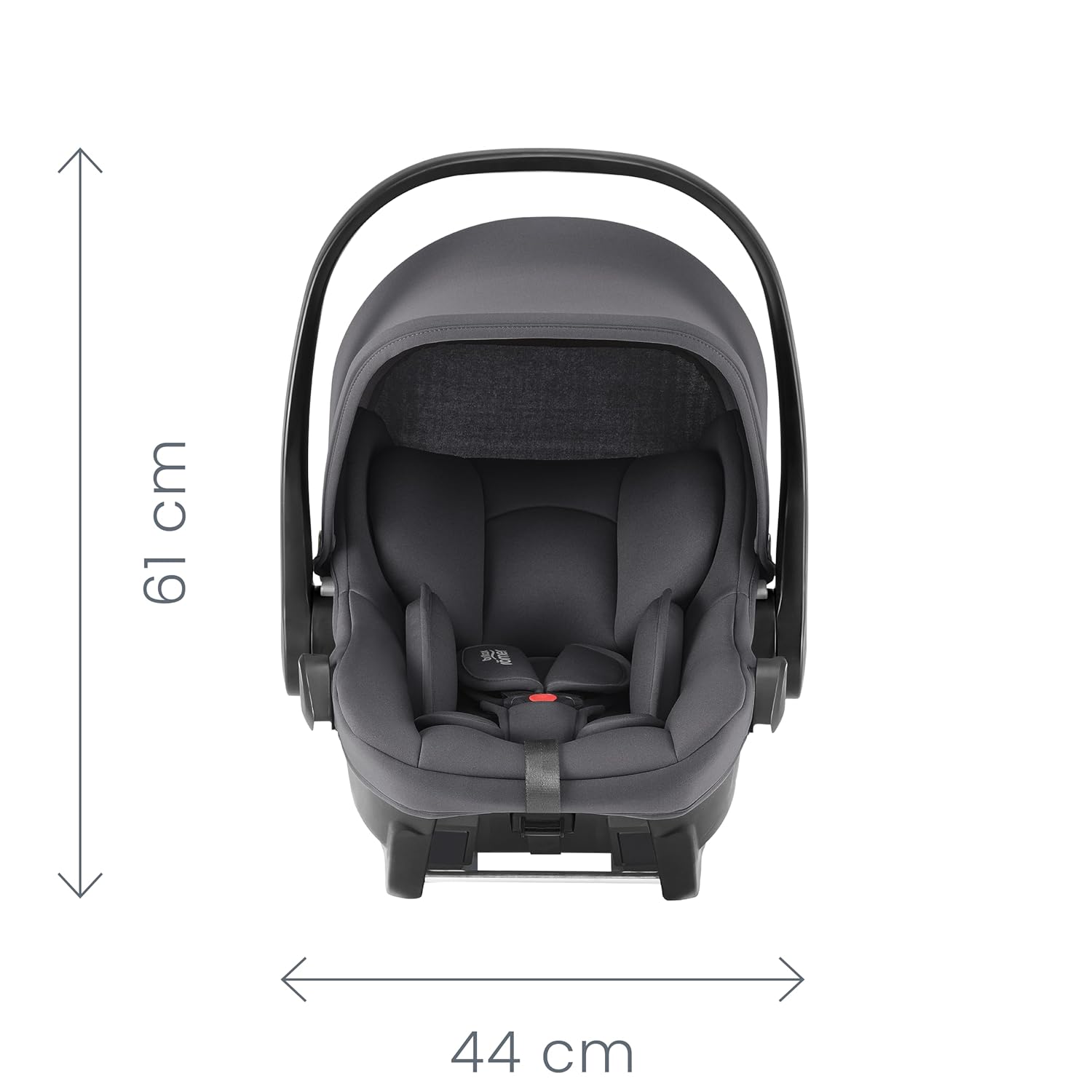 Front view of Britax Römer infant car seat with adjustable handle and canopy, displayed with dimensions — 61 cm in height and 44 cm in width.