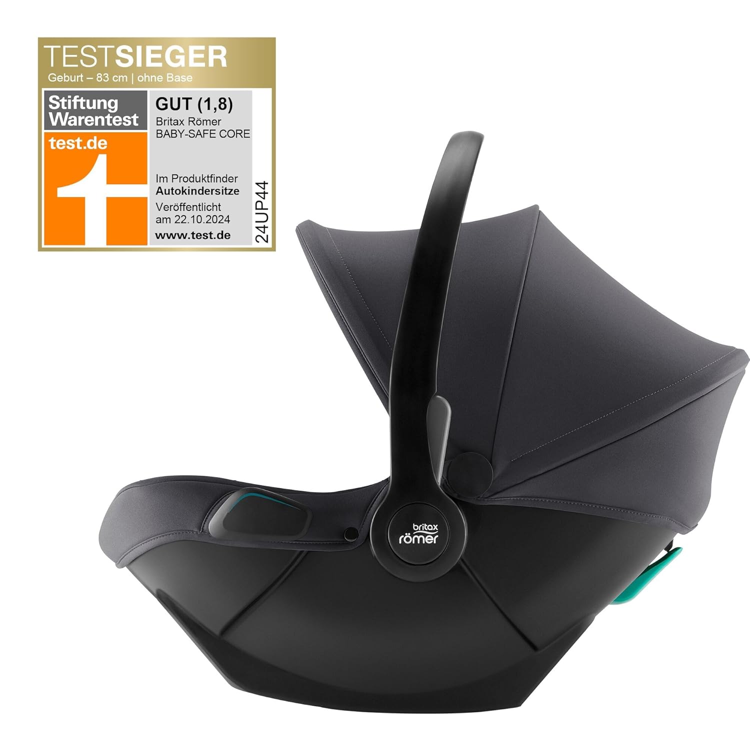 Side view of Britax Römer BABY-SAFE CORE infant car seat in black with carry handle and sun canopy, featuring a Stiftung Warentest label indicating a test winner rating of 1.8 (GUT) published on 22.10.2024.
