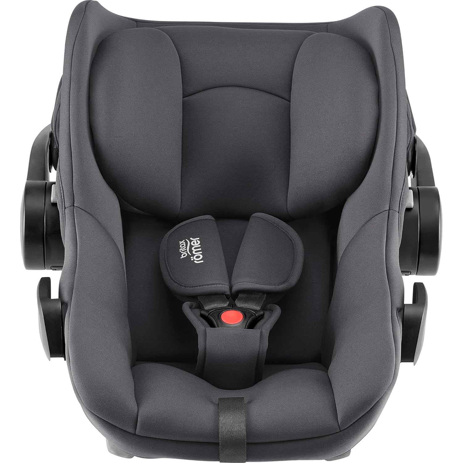 Angled top view of Britax Römer black infant car seat featuring thick cushioning, ergonomic side supports, and a secure five-point harness for infant safety and comfort.