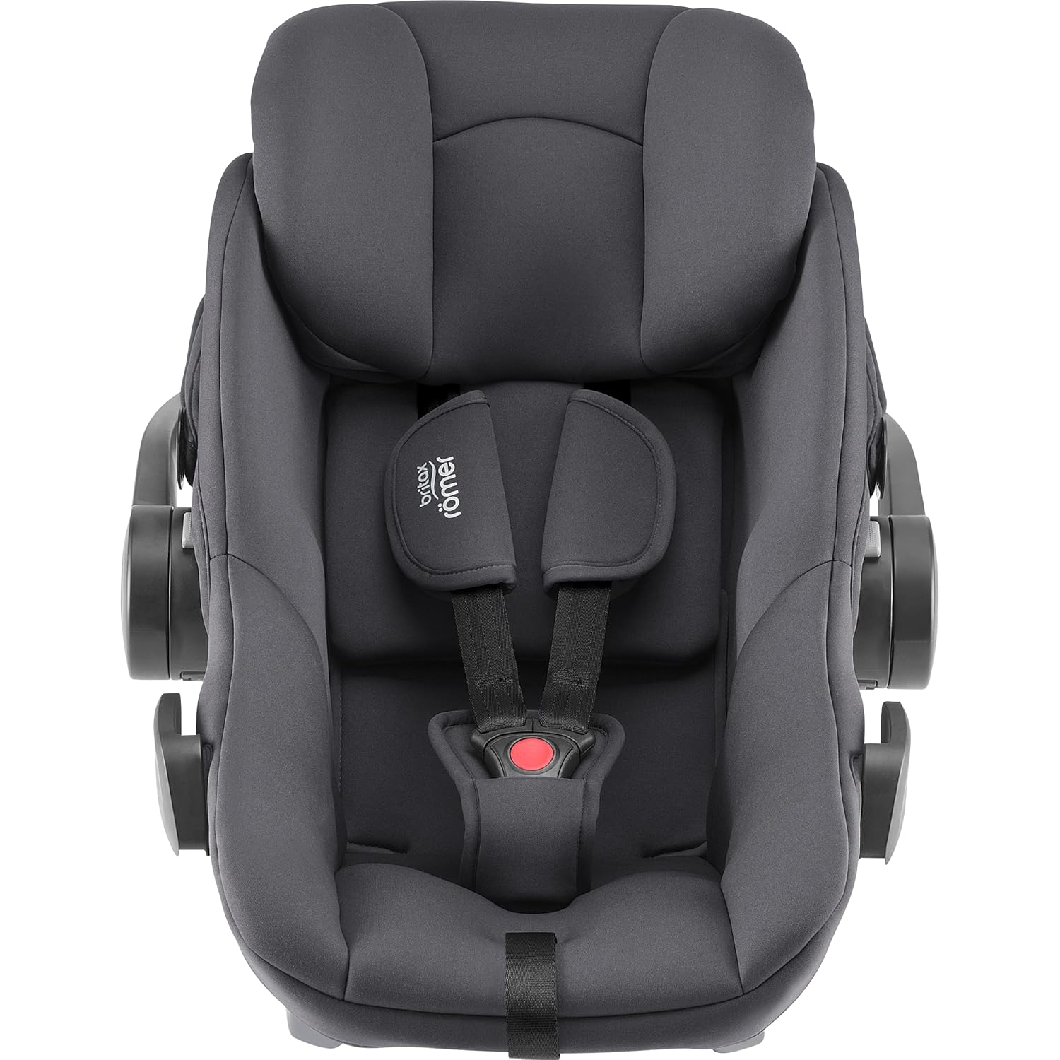 Top view of Britax Römer black infant car seat showcasing the padded headrest, contoured side wings, and secure five-point harness system for enhanced baby safety.