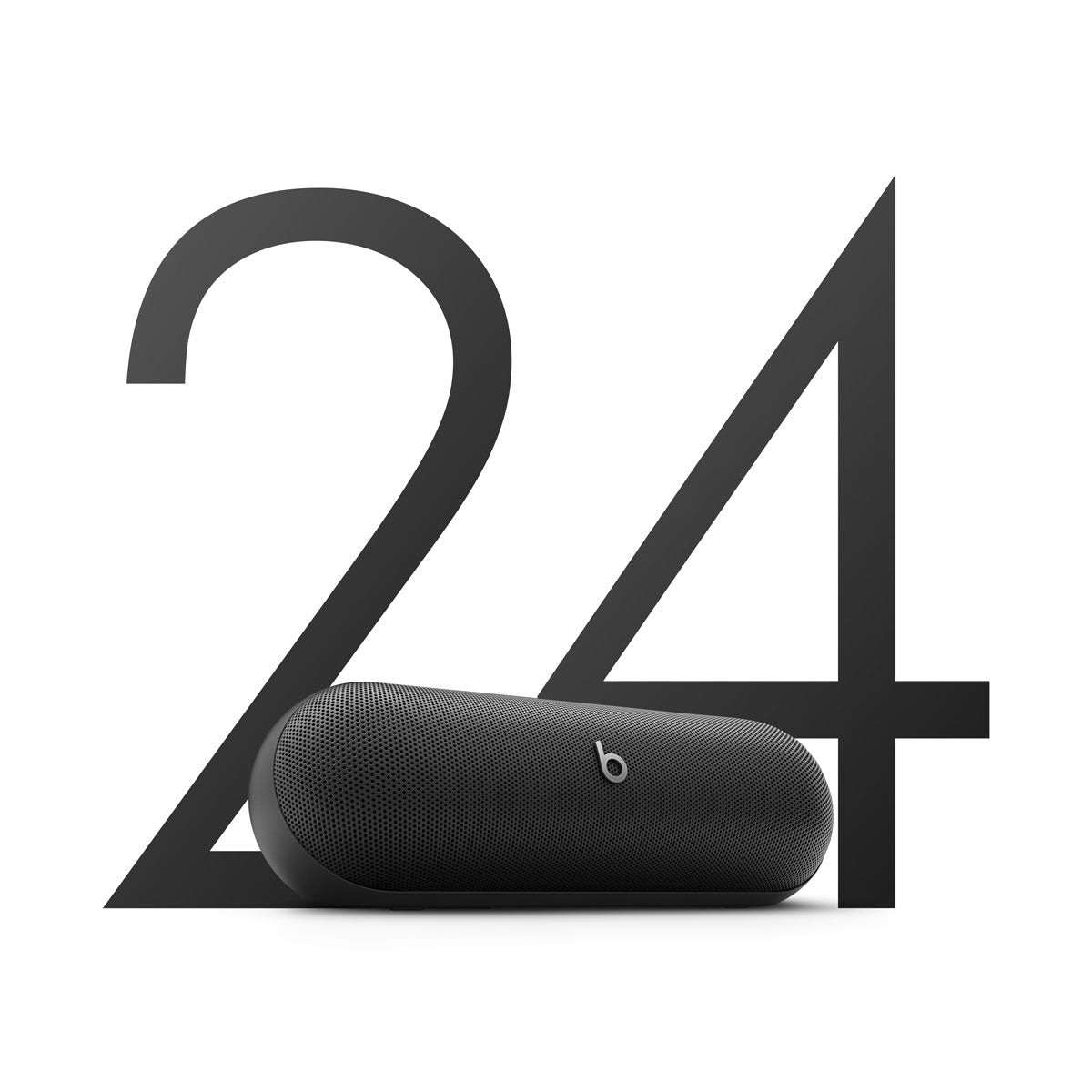 Alt text for this image:
A black Beats portable speaker placed in front of a large number "24" graphic, symbolizing its 24-hour battery life, with a sleek and minimalist design emphasizing its long-lasting performance.
